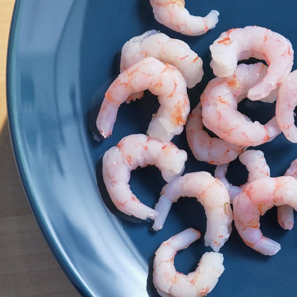 Blue plate with pink, curled shrimp.