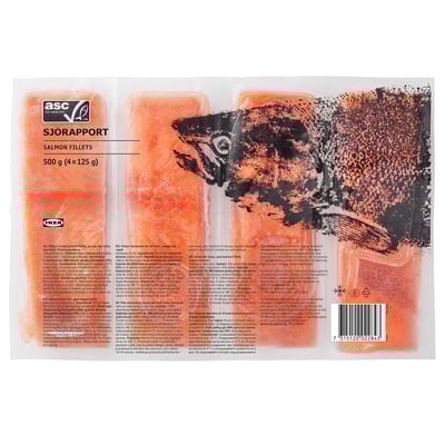Clear plastic bag of frozen salmon fillets by IKEAs SJÖRAPPORT brand, showing packaging with product name, branding, and description.