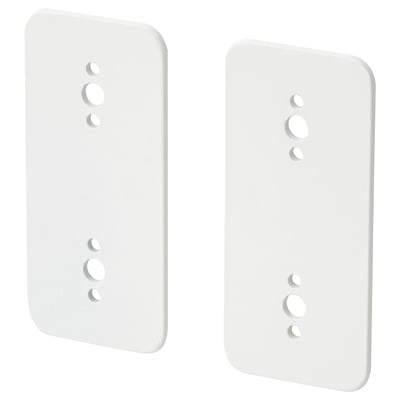 Two white, rectangular SKÅDIS connectors for vertical pegboard attachment, made of steel.