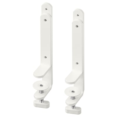 White SKÅDIS desk connectors, wall-mount brackets, vertical design.