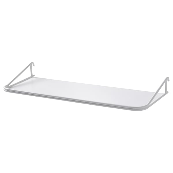 A white SKÅDIS wall shelf, featuring a minimalist design with metal hooks for easy wall attachment.