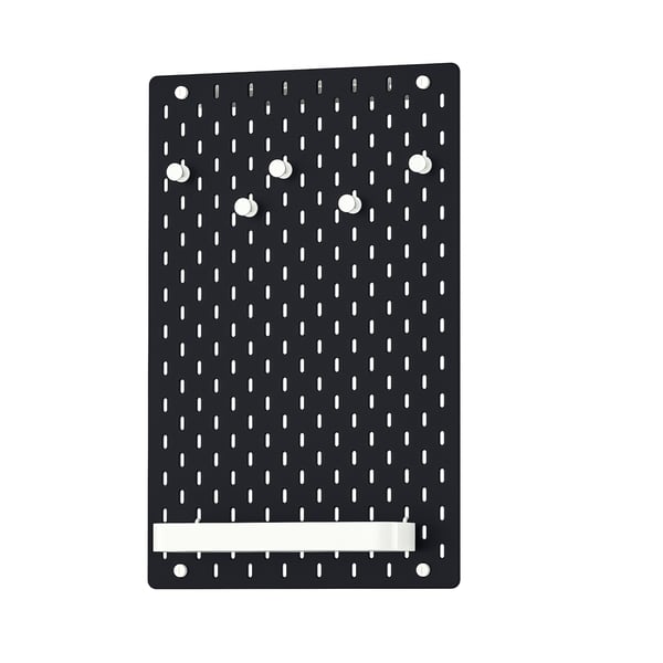 SKÅDIS black pegboard wall organiser with hooks and shelf, rectangular shape.
