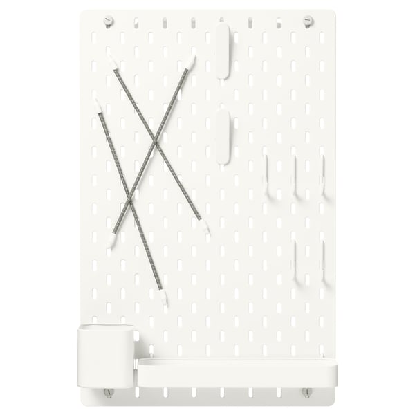 SKÅDIS white pegboard wall organiser with accessories; rectangular, metal, practical design.