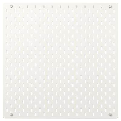 A white SKÅDIS pegboard, square-shaped, with evenly spaced holes for hanging accessories, ideal for organising small items.