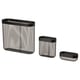 Three black mesh storage containers vary in size, designed for organising small items.
