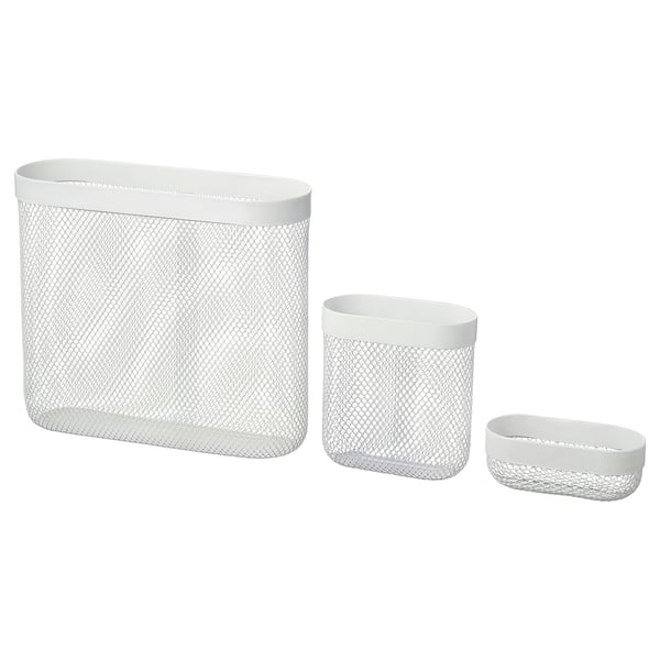Three white mesh storage bins in varying sizes, rectangular, cylindrical, and oval shapes, designed for organising small items.