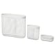 Three white mesh storage bins in varying sizes, rectangular, cylindrical, and oval shapes, designed for organising small items.