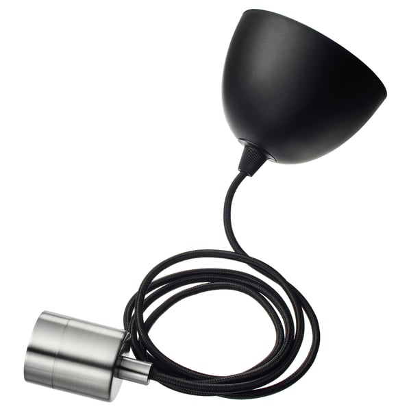 SKAFTET modern black ceiling lamp, steel and plastic, cone shape, cord design.