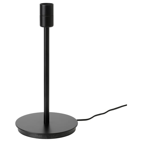 SKAFTET lamp base, black. Sleek, vertical design with circular base, plastic ring, and metallic details. Modern minimalist style for versatile use.