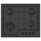 Black gas cooktop with 4 burners and control knobs, sturdy cast iron supports.