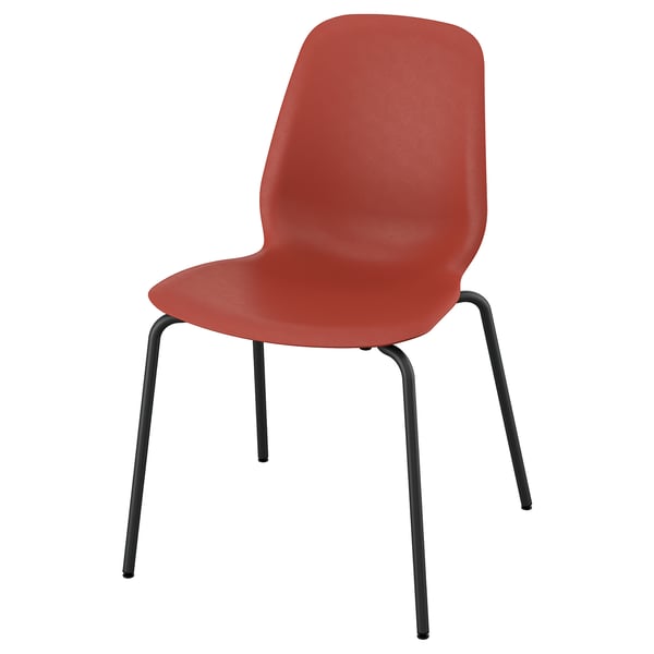 Red SKÅLSTA chair with curved seat and back, four black metal legs, stackable design.