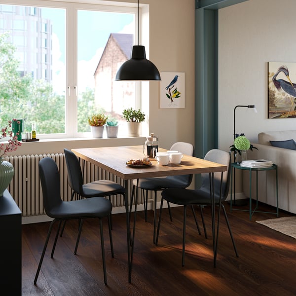 SKÅLSTA Table, walnut effect/hairpin black-grey, 140x80 cm