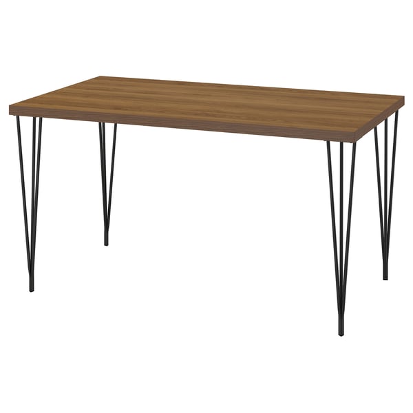 SKÅLSTA table, wooden top, black metal legs, rectangular shape, modern design.