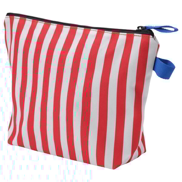 SKOGSSALLAT red-white striped toiletry bag with blue zip, rectangular shape, striped design, reusable polyester material.