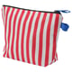 SKOGSSALLAT red-white striped toiletry bag with blue zip, rectangular shape, striped design, reusable polyester material.