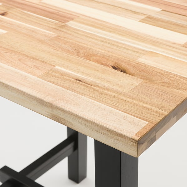 Close-up of a SKOGSTA table made of acacia wood. Grain and finish showcase durability and quality.