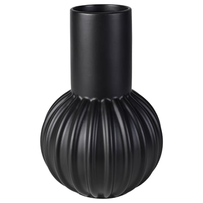 Black SKOGSTUNDRA vase, ribbed design, smooth top, stoneware.