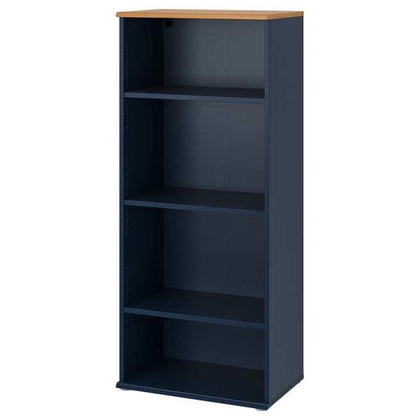 A SKRUVBY blue bookcase with three shelves, made of particleboard and wood, standing tall and empty.