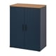 A SKRUVBY cabinet, navy blue with a wooden top. It has two doors with grooved designs and black handles, standing against a white background.