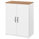 SKRUVBY white cabinet: wood-like top, vertical grooves, double doors with black handles.