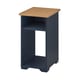 SKRUVBY side table: navy blue, open shelves, wooden top, sturdy, simple design.