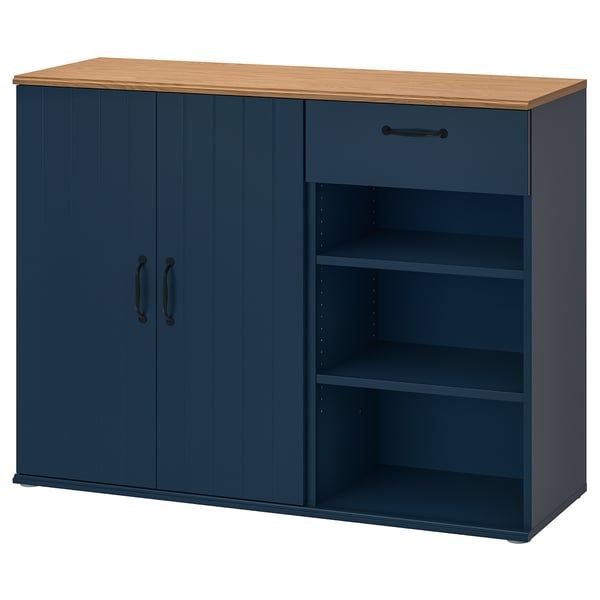 A blue SKRUVBY sideboard with a wooden top, featuring closed cabinets and open shelves.