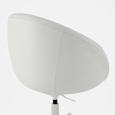 A sleek, modern office chair in white with smooth curves, featuring adjustable height and safety castors.