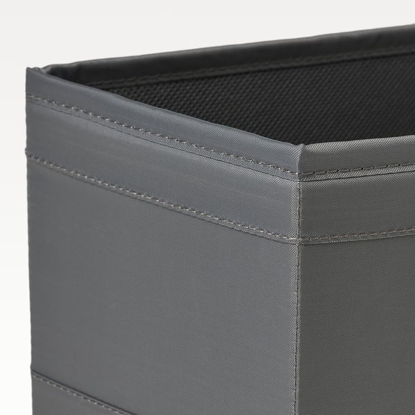 Grey fabric storage box with sturdy stitching and mesh top.