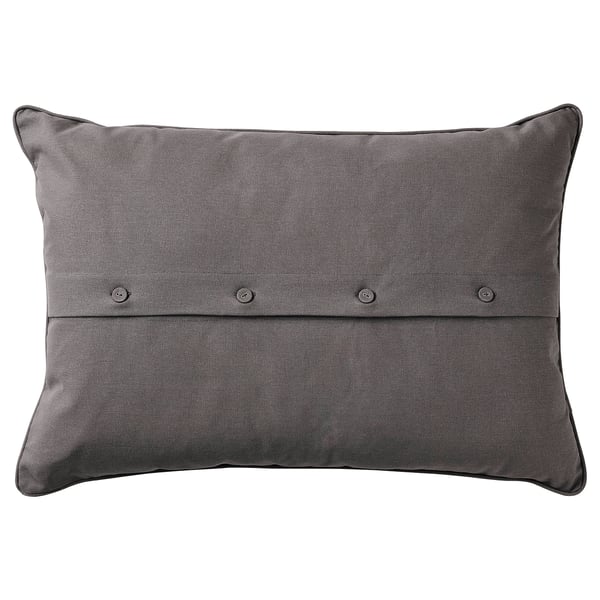 SKUGGNÄVA grey embroidered cotton pillow with button closure.