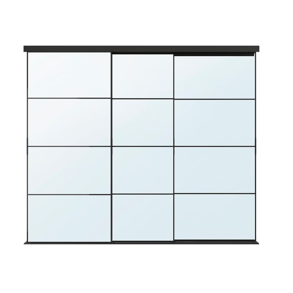 SKYTTA glass sliding door, sleek modern design, four clear glass panels in black frame, offers a 10-year guarantee.