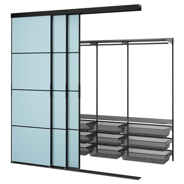 SKYTTA blue and black storage system with glass panels and metal mesh baskets, designed for efficient space use.