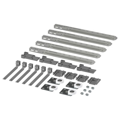 SKYTTA sliding door hardware kit. Includes grey metal rails, brackets, plastic rollers, and screws.
