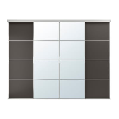 SKYTTA closet with mirrored centre, flanked by black panels. Modern sliding door design, minimalist style.