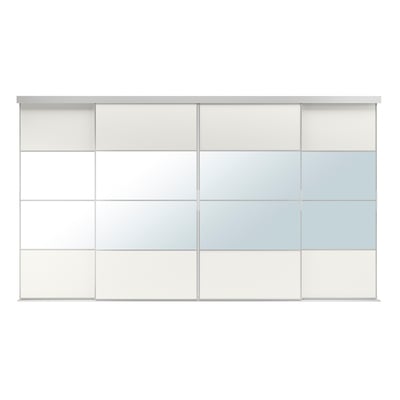 A SKYTTA sliding door unit with five white panels, consisting of four glass panels and one plastic foil panel, framed in anodized aluminum.
