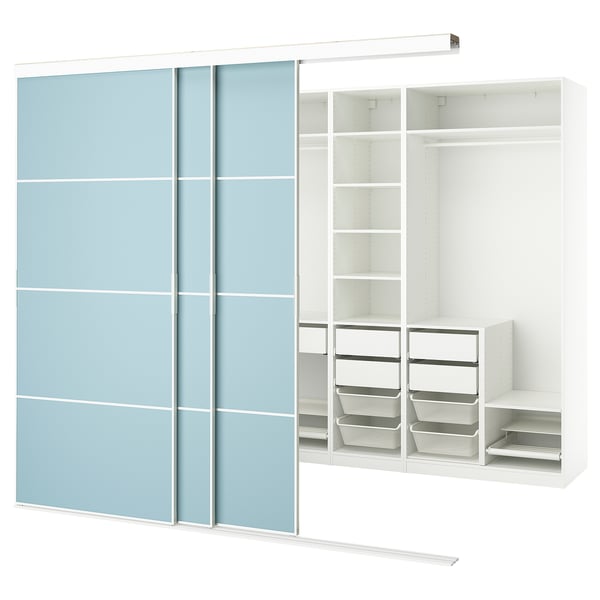 Modern wardrobe with light blue-tinted mirrored sliding doors, white interior shelves, and drawers.