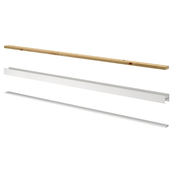 This image shows SKYTTA rails for sliding doors. It includes wooden and aluminium parts in natural and metallic shades, laid out horizontally.