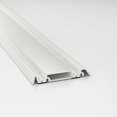 White metal floor rail for sliding doors, showcasing sleek, modern design, precision engineering, and clean finish. Ideal for various surfaces.