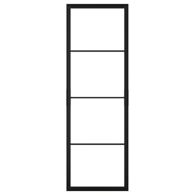 A minimalist, black-framed SKYTTA sliding door. The door has a rectangular shape with four empty compartments and is made of aluminium.