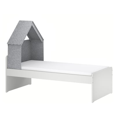 Modern white kids bed with grey felt roof, house-shaped canopy, sleek design.