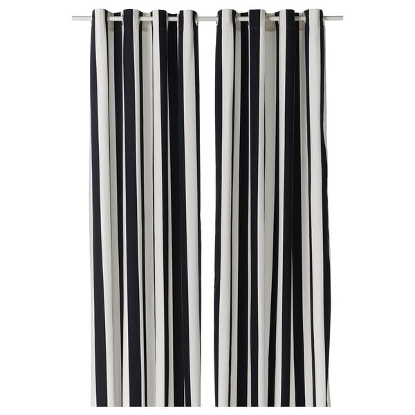 Black and white striped curtains with eyelets, made from recycled cotton. Hang vertically, suitable for windows and doors.