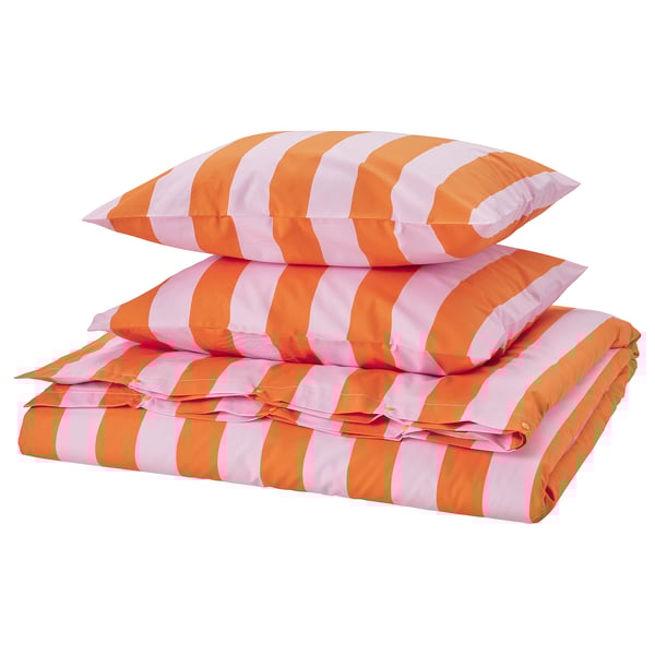 SLÅNHÖSTMAL bedding set: orange-pink striped duvet & pillows, cotton-viscose.