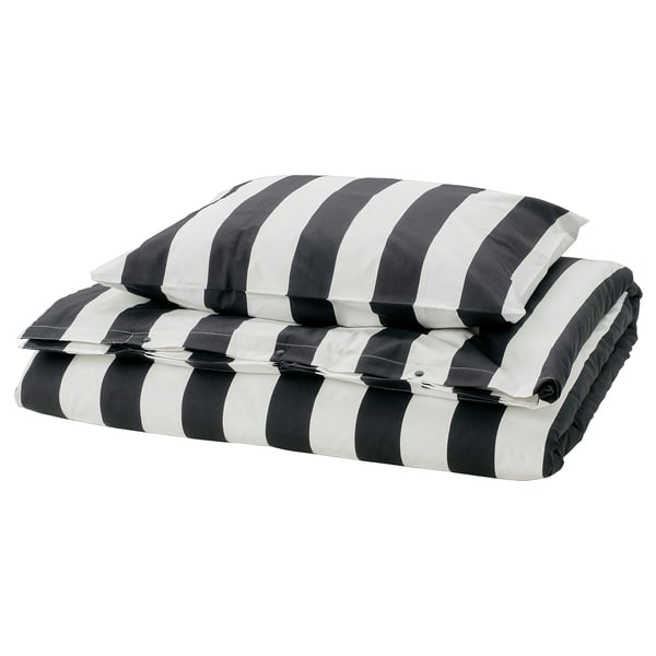 SLÅNHÖSTMAL bedding - black & white striped duvet & pillow set, rectangular with crisp stripes.