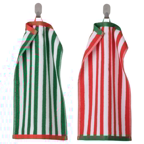 Two striped towels, green/red, absorbent cotton with bold stripes and hanging loop.