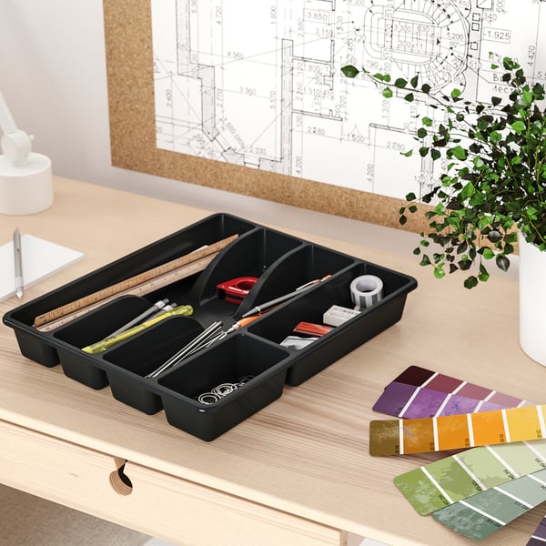 SMÄCKER: black plastic cutlery tray organizes kitchen desk tools. Holds pens, scissors, & more. Suits drawers, simpler design.