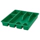 A green SMÄCKER cutlery tray in plastic, featuring six compartments for organising kitchen utensils.