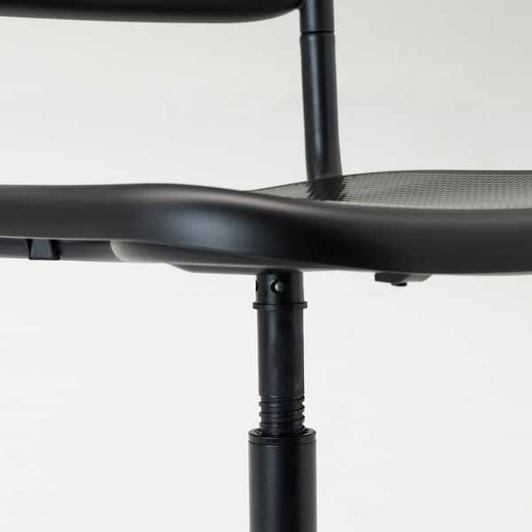 Black office chairs height adjustment mechanism shown.