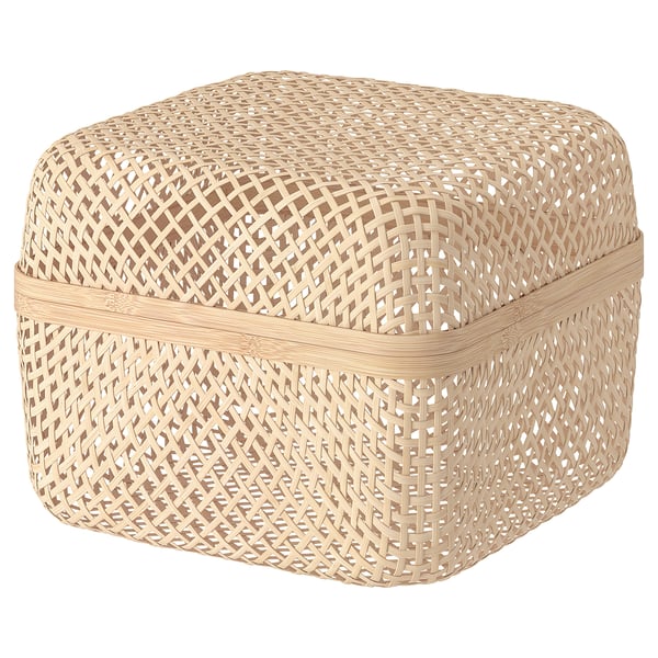 Bamboo box, beige, woven pattern.