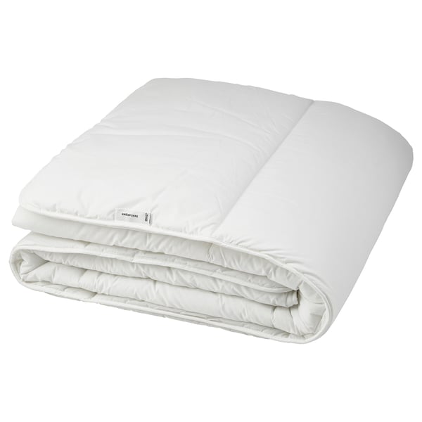 Ikea SMÅSPORRE white duvet, rectangular, folded, plain design, 100% recycled materials.