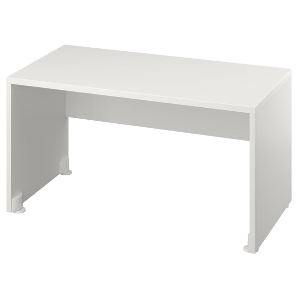 This image shows a white, rectangular childrens desk named SMÅSTAD. It has a simple design with four adjustable feet for stability on uneven floors.