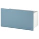 Blue rectangular storage box with castors, simple design, smooth surface.
